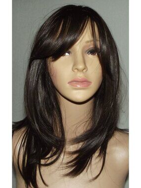 Sleek Layered Synthetic Wig with Side Bangs - Dark Brown